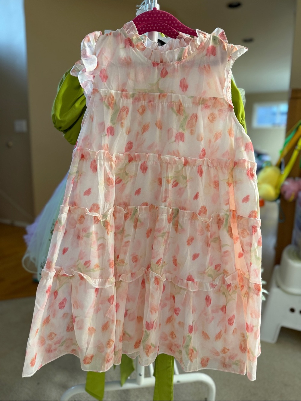 Girls' Floral Tiered Chiffon Dress - Pink 6-7 - Picture 8 of 12